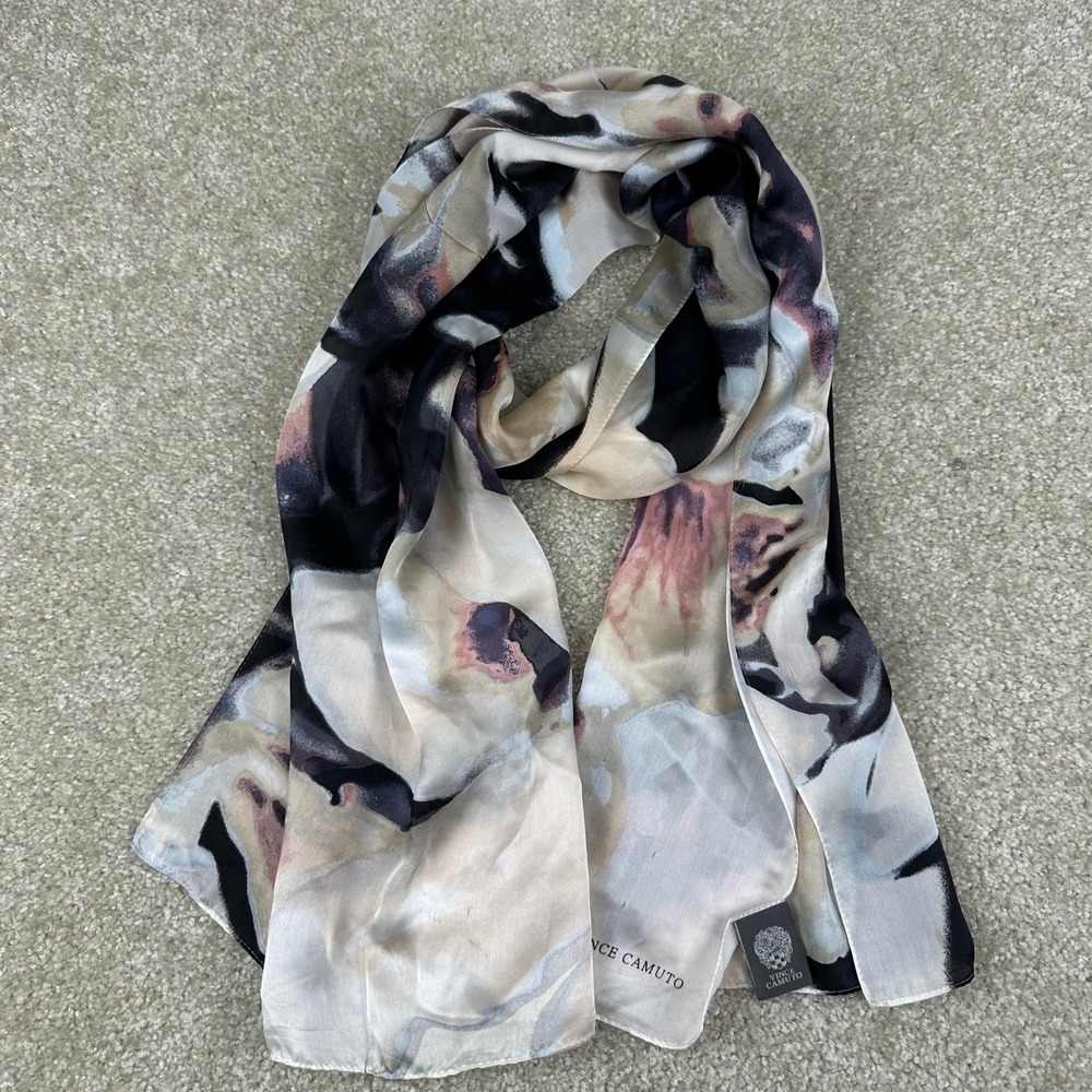 Vince Camuto 100% Silk Scarf Floral Watercolor Abstract Print Beige Black Pink